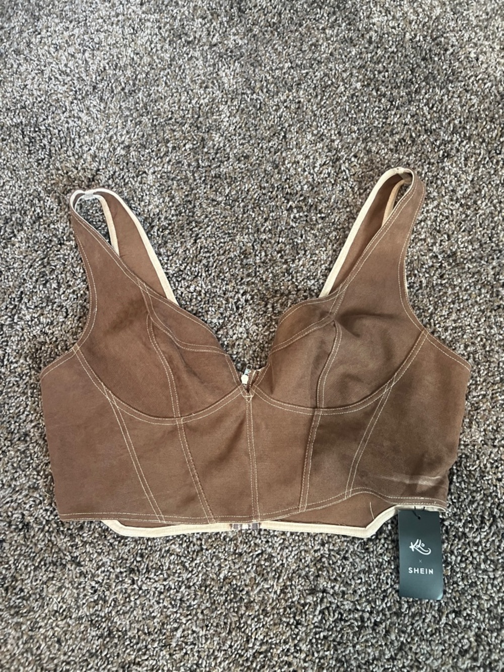 SHEIN Brown Suede-Look Bustier Crop Top with Front Zipper